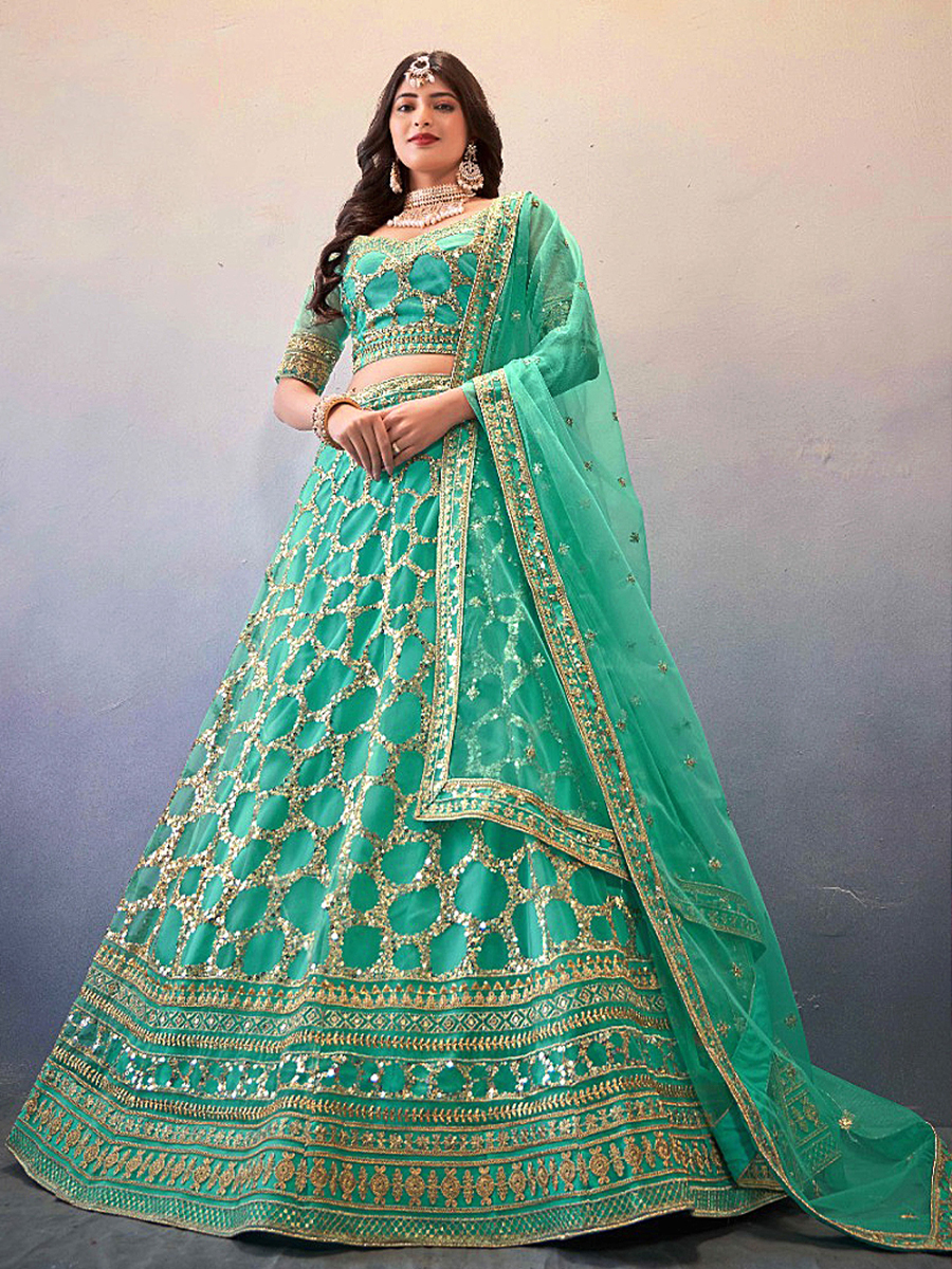 Sky Rama Premium Butterfly Net Embroidered Bridal Wedding Heavy Border Lehenga Choli