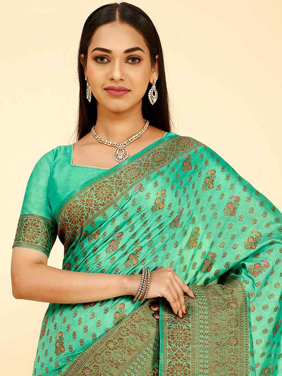 Sky Raw Silk Handwoven Wedding Festival Heavy Border Saree