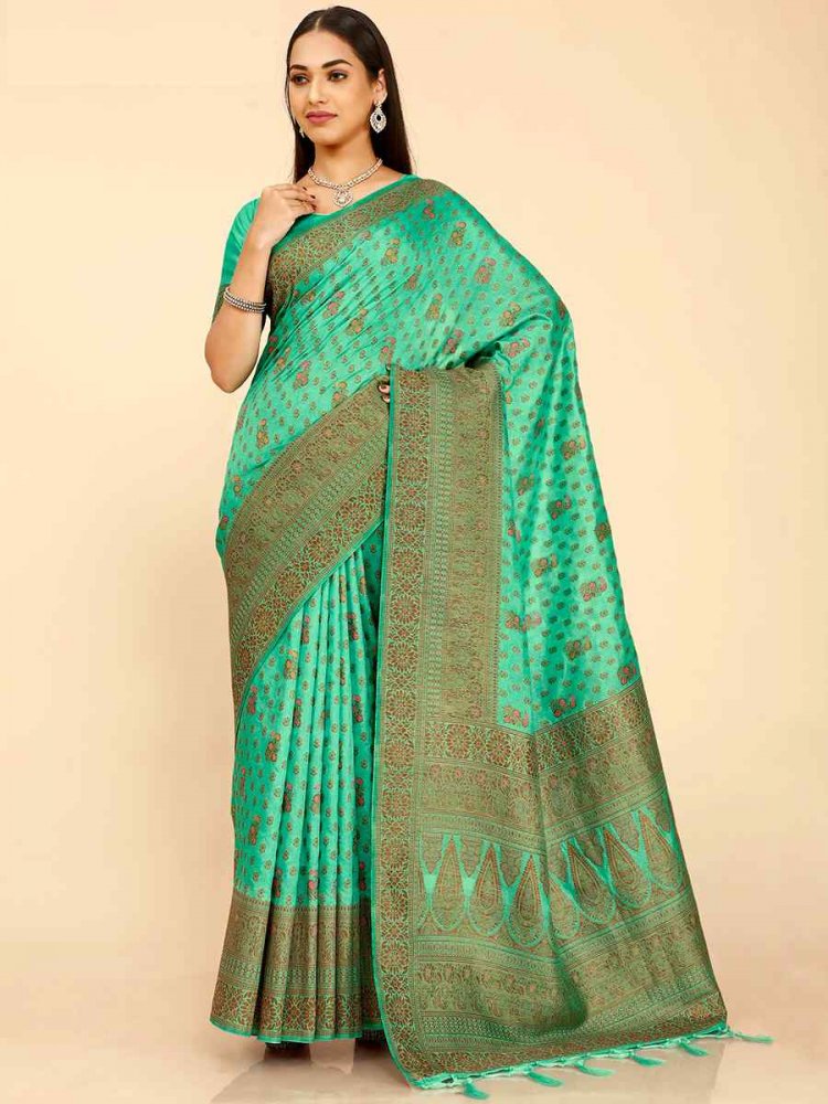 Sky Raw Silk Handwoven Wedding Festival Heavy Border Saree