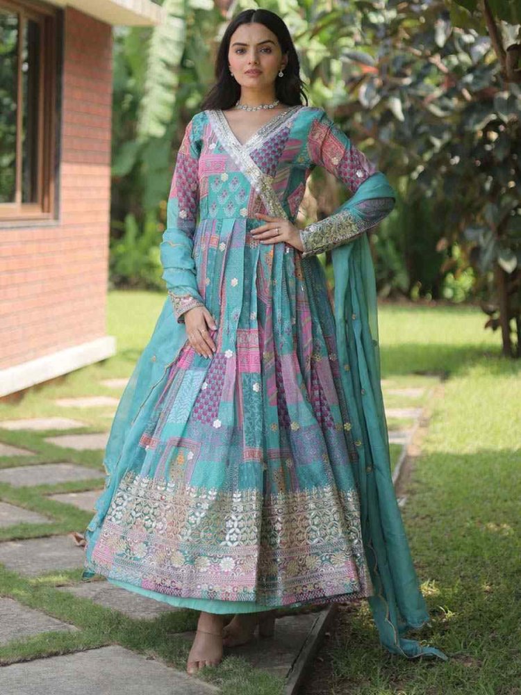Sky Russian Silk Embroidered Festival Party Gown
