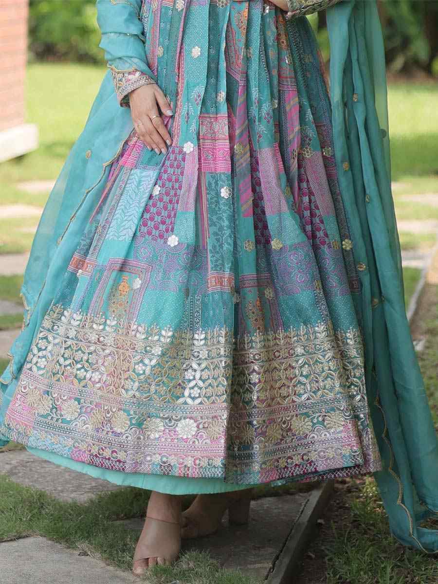 Sky Russian Silk Embroidered Festival Party Gown