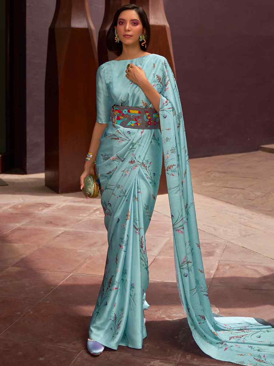 Sky Satin Crepe Printed Party Festival Contemporary Saree