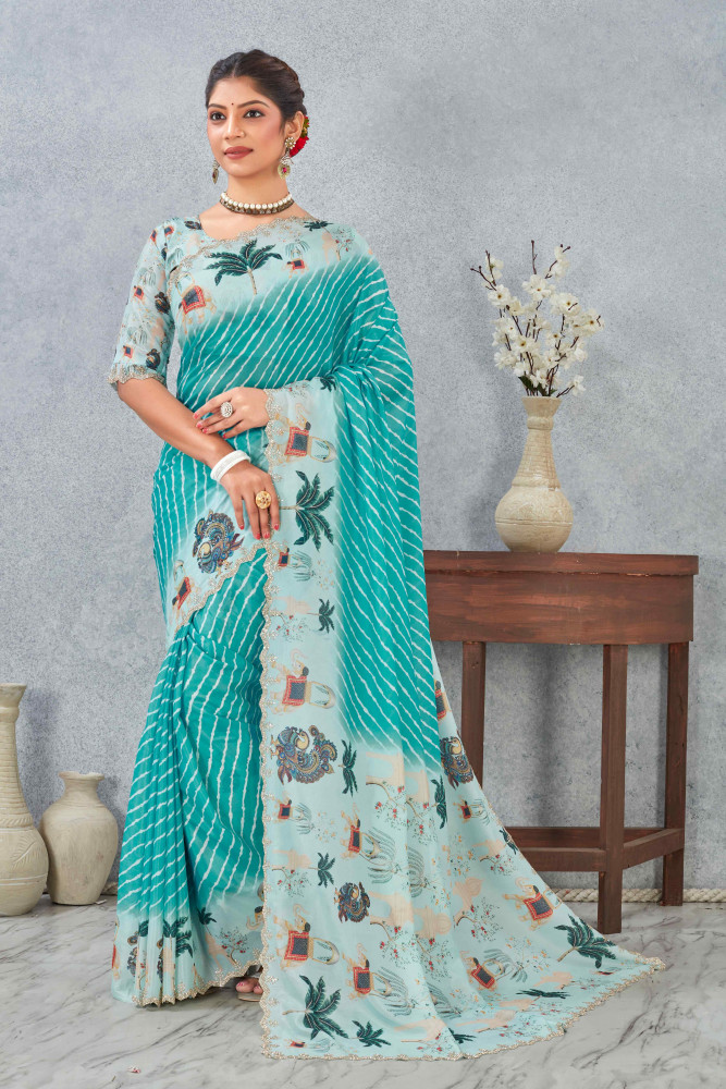 Image of Sky Satin Silk Printed Traditional Casual Reception Festival Wedding Fancy Heavy Border Saree