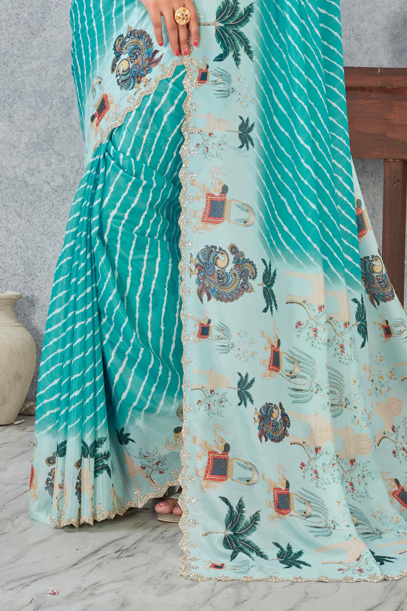 Sky Satin Silk Printed Traditional Casual Reception Festival Wedding Fancy Heavy Border Saree