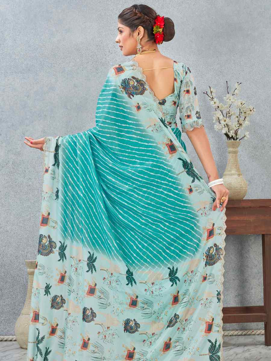 Sky Satin Silk Printed Traditional Casual Reception Festival Wedding Fancy Heavy Border Saree