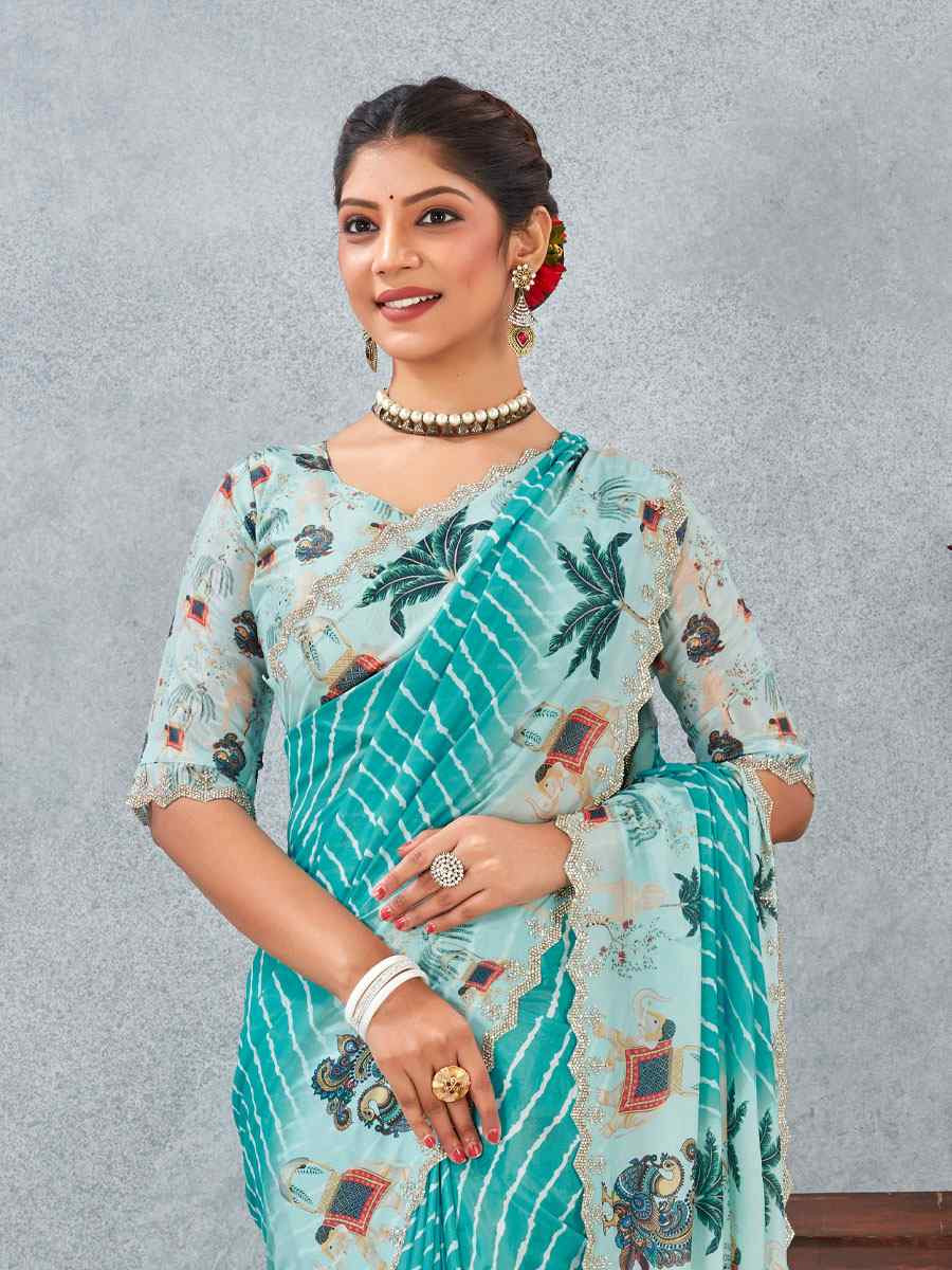 Sky Satin Silk Printed Traditional Casual Reception Festival Wedding Fancy Heavy Border Saree