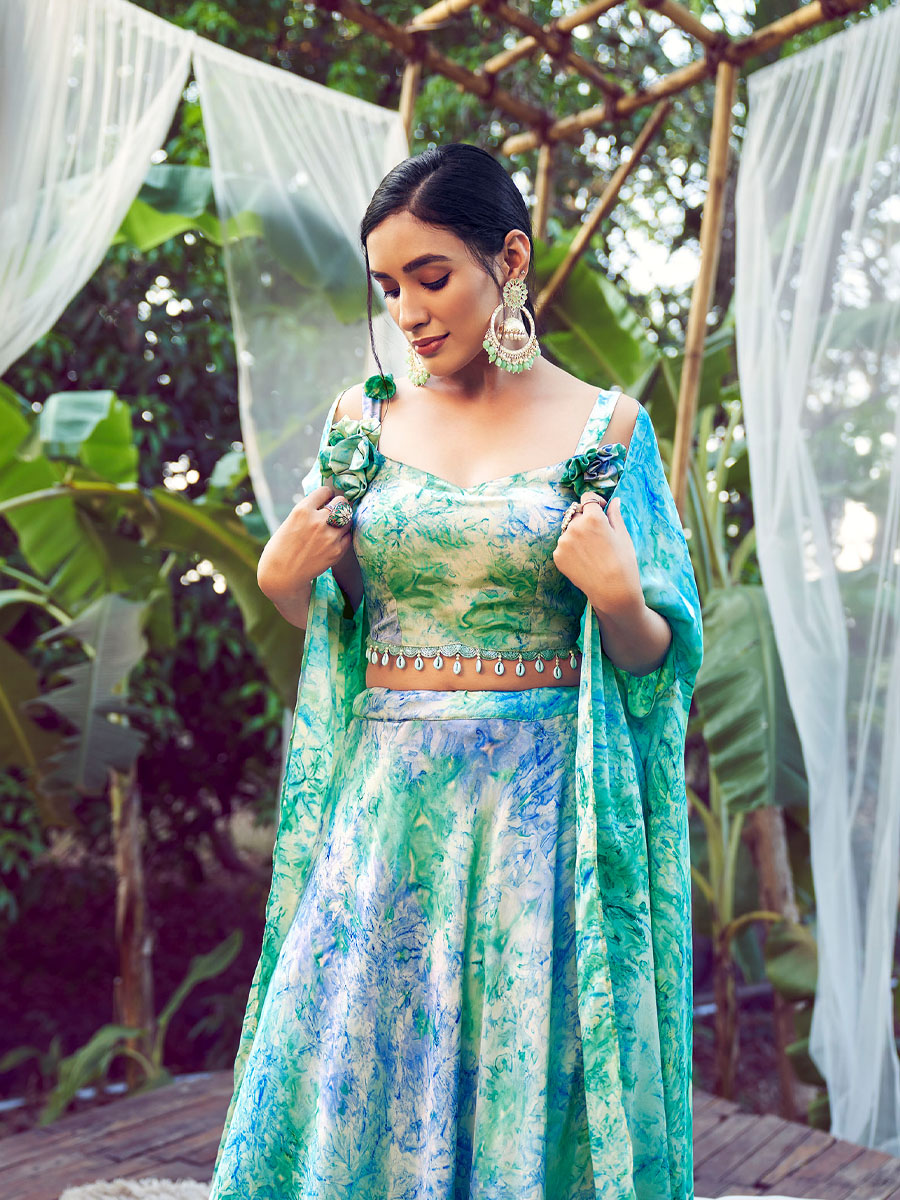 Sky Silk Printed Bridesmaid Wedding Ready Circular Lehenga Choli