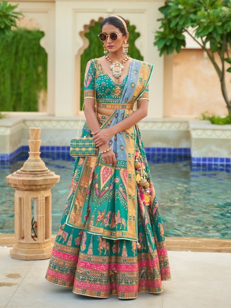 Sky Smooth Rajvadi Silk Embroidered Bridal Wedding Heavy Border Lehenga Choli