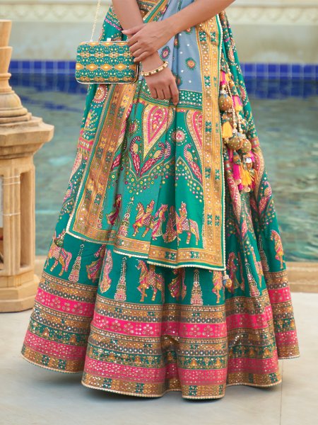 Sky Smooth Rajvadi Silk Embroidered Bridal Wedding Heavy Border Lehenga Choli