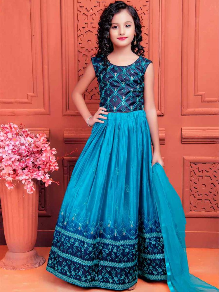 Sky Soft Chinon Silk Embroidered Wedding Festival Lehengas Girls Wear