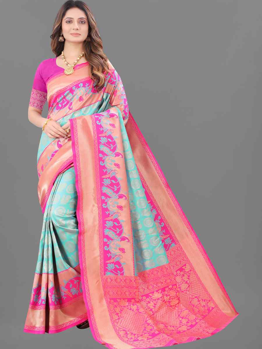 Sky Soft Lichi Silk Handwoven Wedding Festival Heavy Border Saree