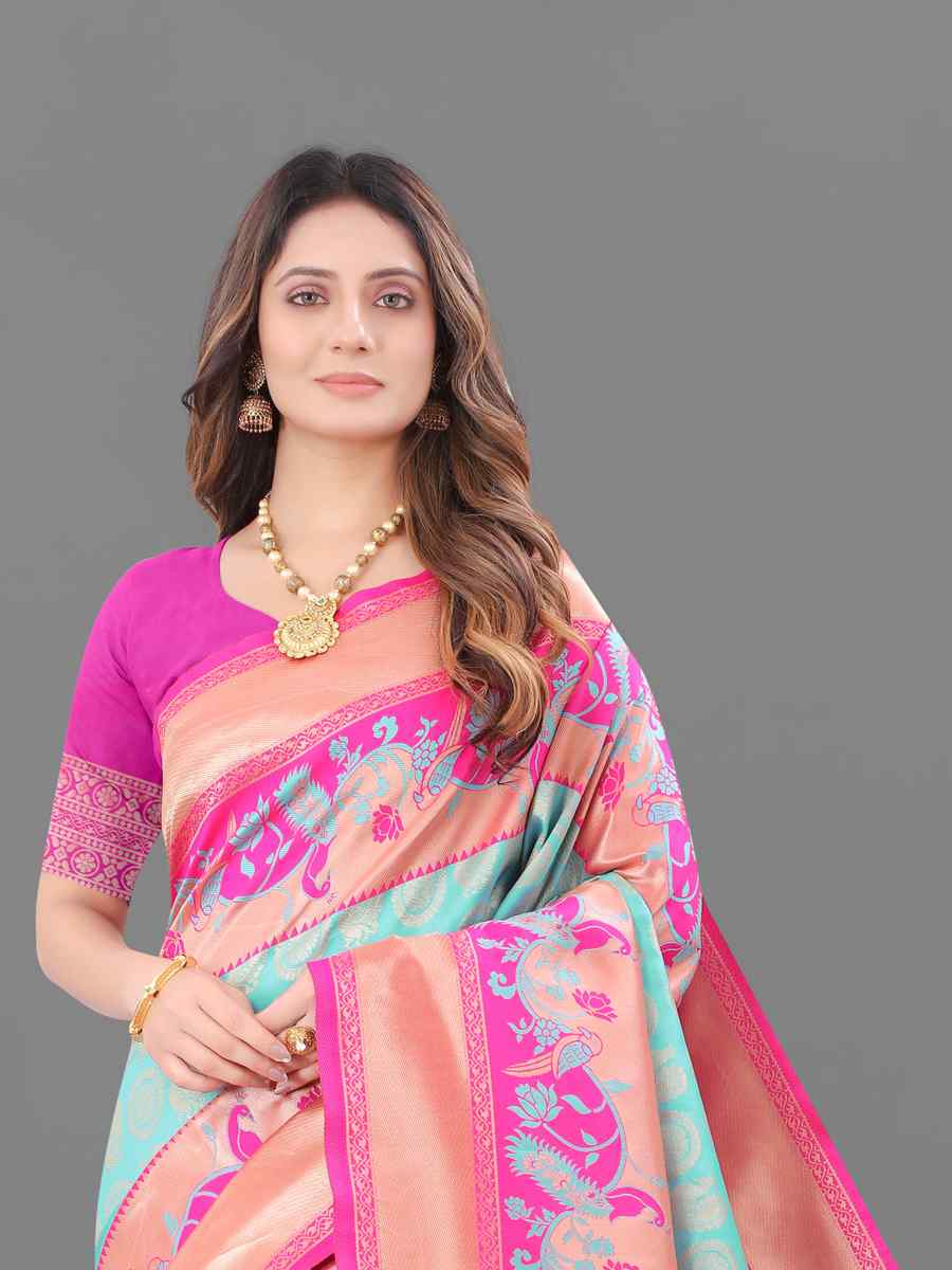 Sky Soft Lichi Silk Handwoven Wedding Festival Heavy Border Saree