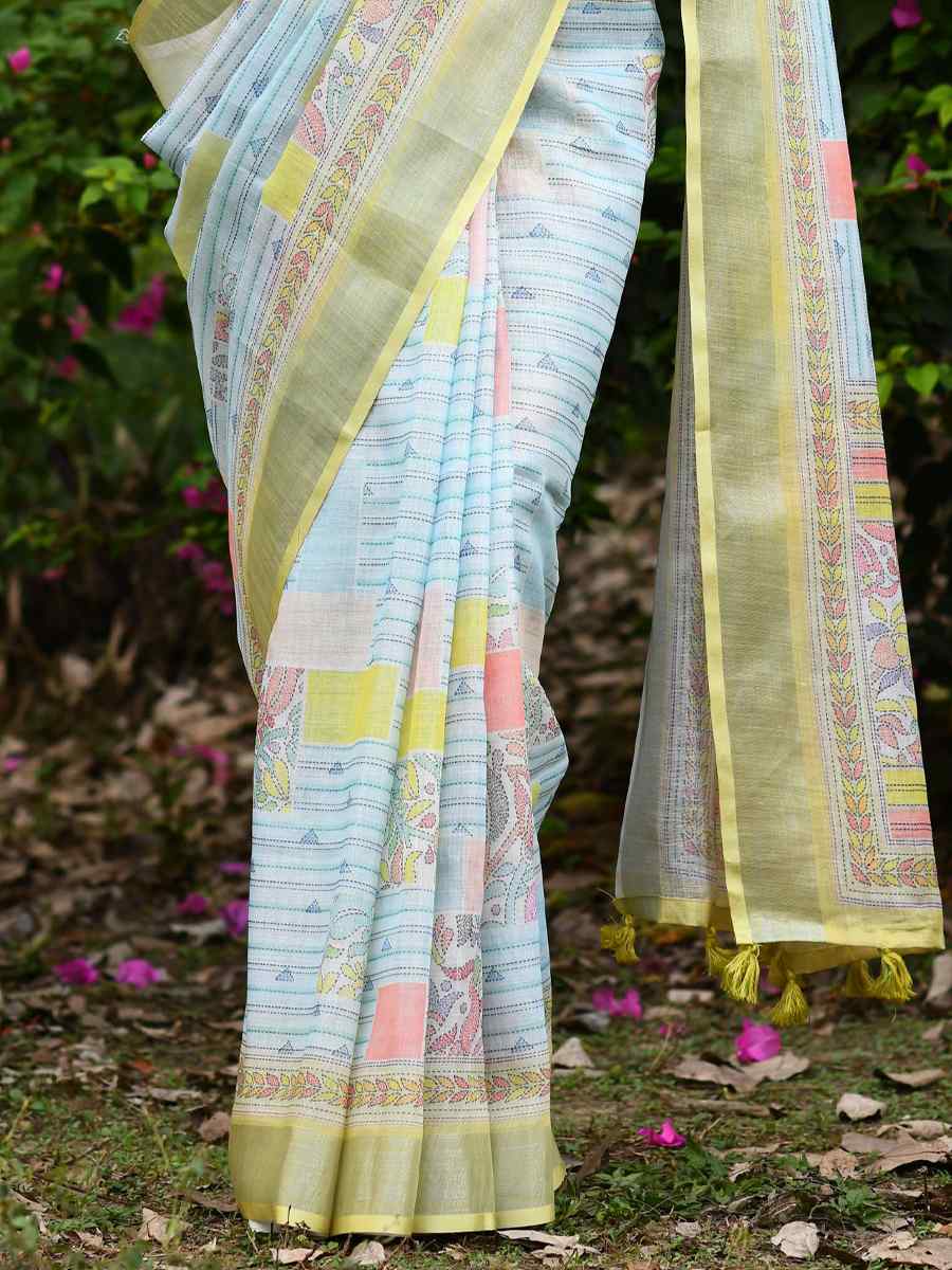 Sky Soft Linen Handwoven Casual Festival Classic Style Saree