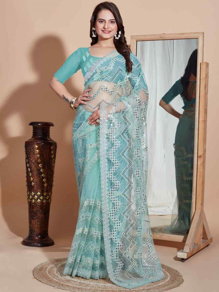 Sky Soft Net Embroidered Party Wedding Classic Style Saree