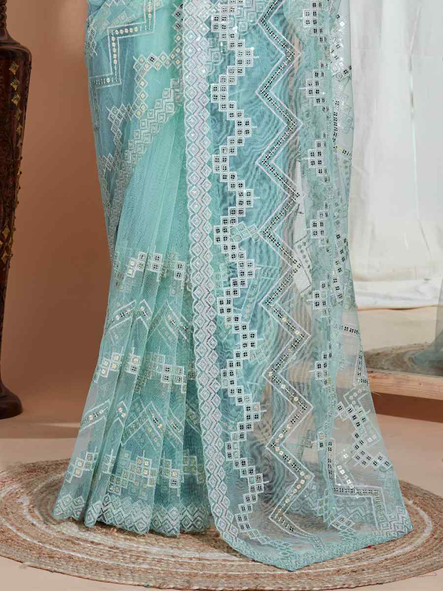 Sky Soft Net Embroidered Party Wedding Classic Style Saree