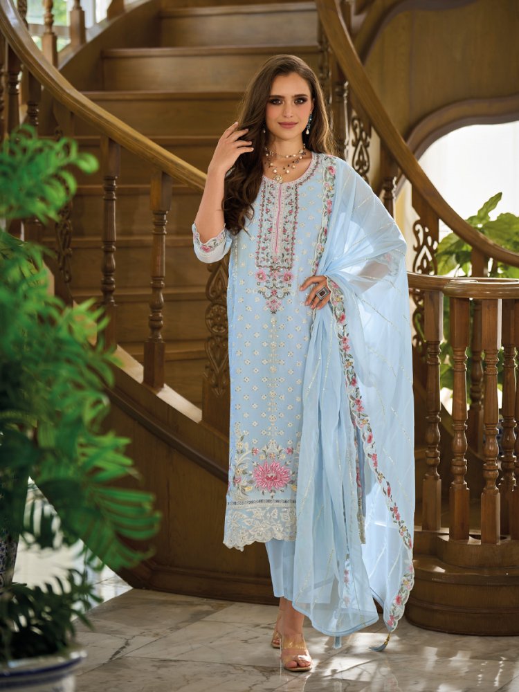 Sky Soft Organza Embroidered Festival Casual Ready Pant Salwar Kameez