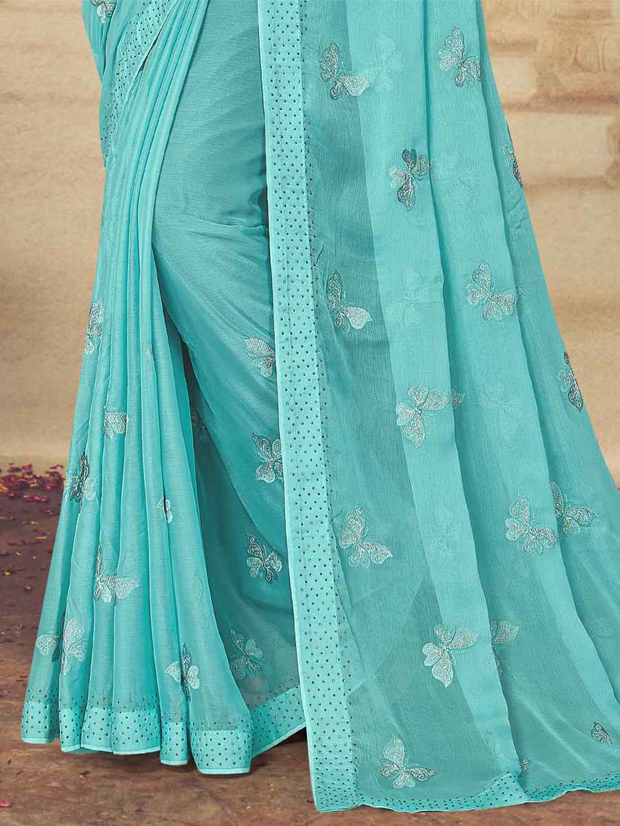 Sky Soft Silk Chiffon Embroidered Wedding Party Heavy Border Saree