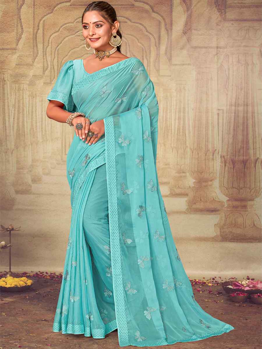 Sky Soft Silk Chiffon Embroidered Wedding Party Heavy Border Saree