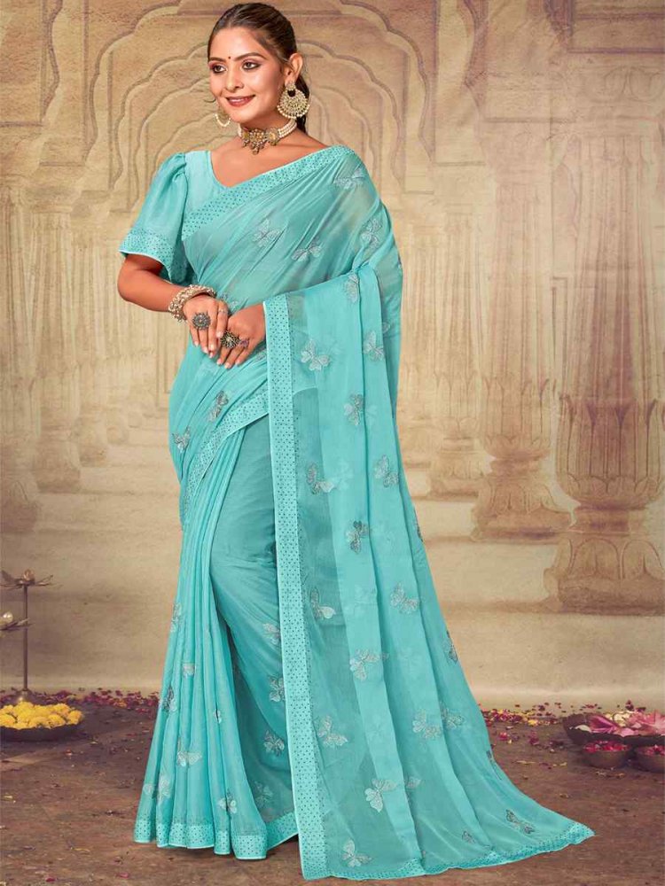 Sky Soft Silk Chiffon Embroidered Wedding Party Heavy Border Saree