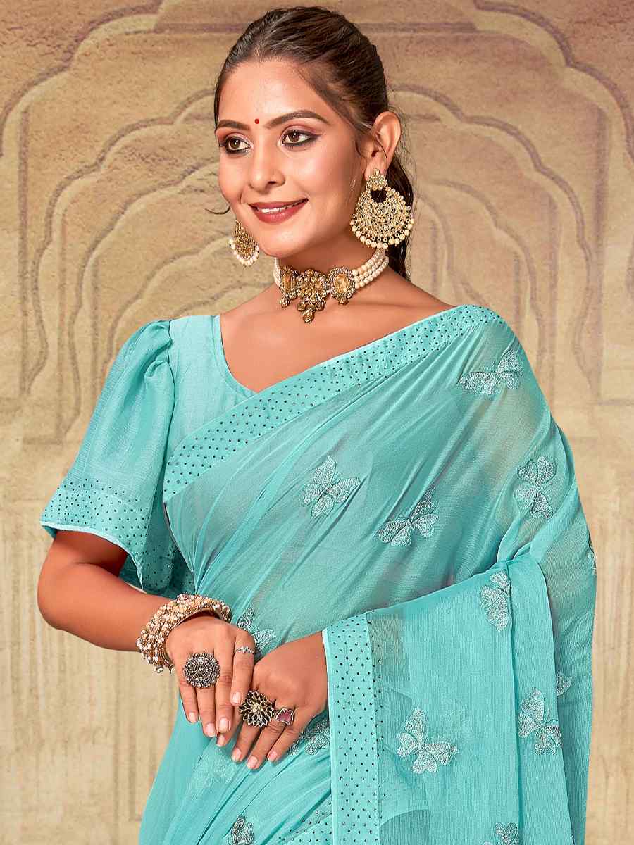 Sky Soft Silk Chiffon Embroidered Wedding Party Heavy Border Saree