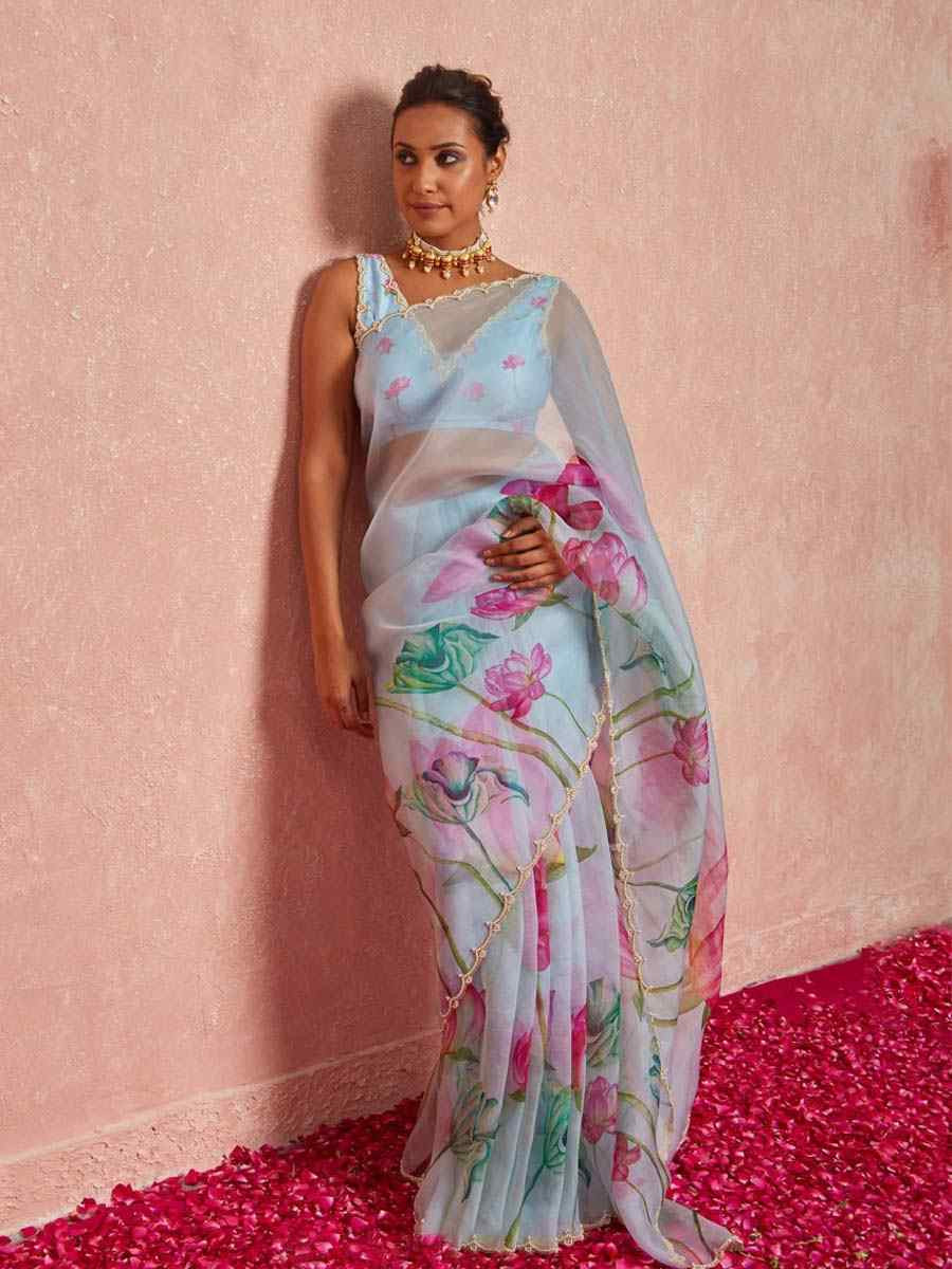 Sky Soft Tebi Silk Embroidered Festival Wedding Fancy Heavy Border Saree