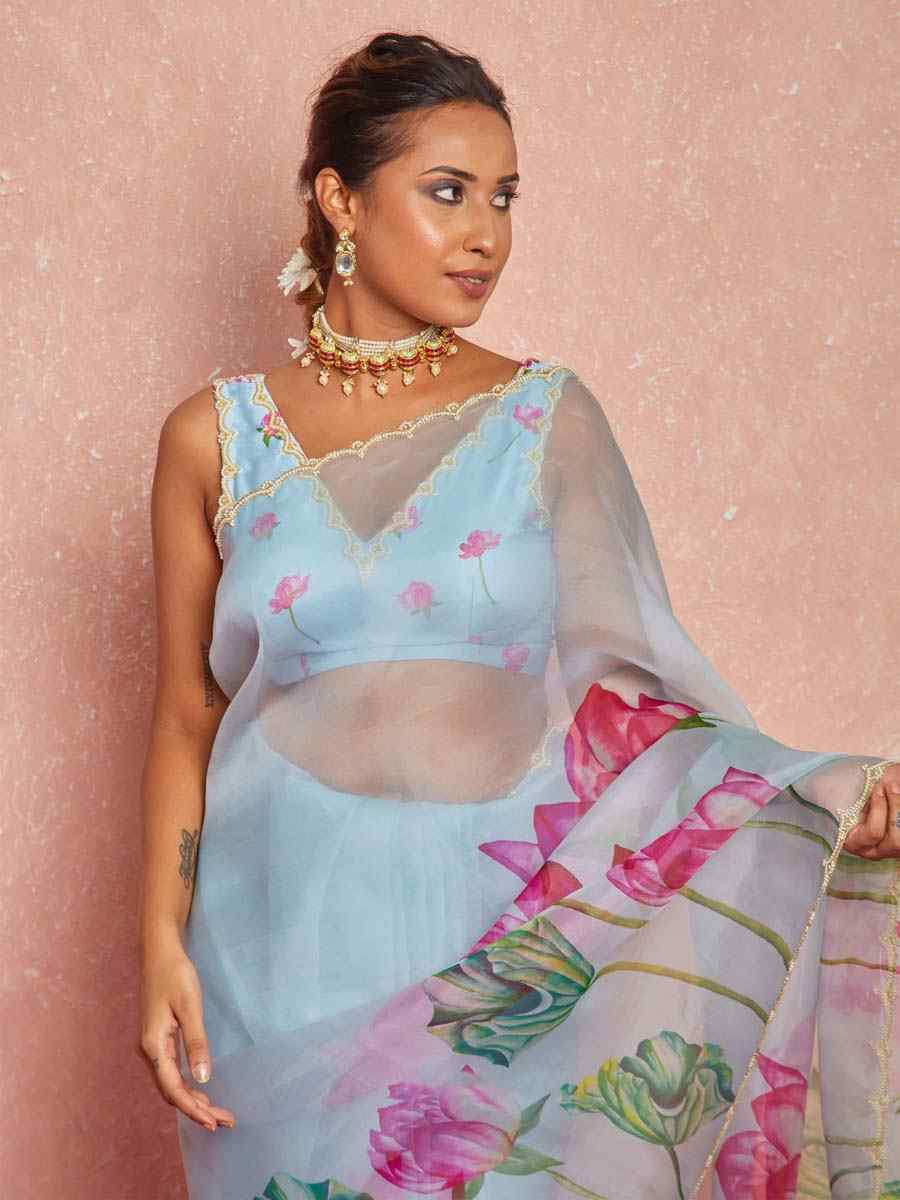 Sky Soft Tebi Silk Embroidered Festival Wedding Fancy Heavy Border Saree