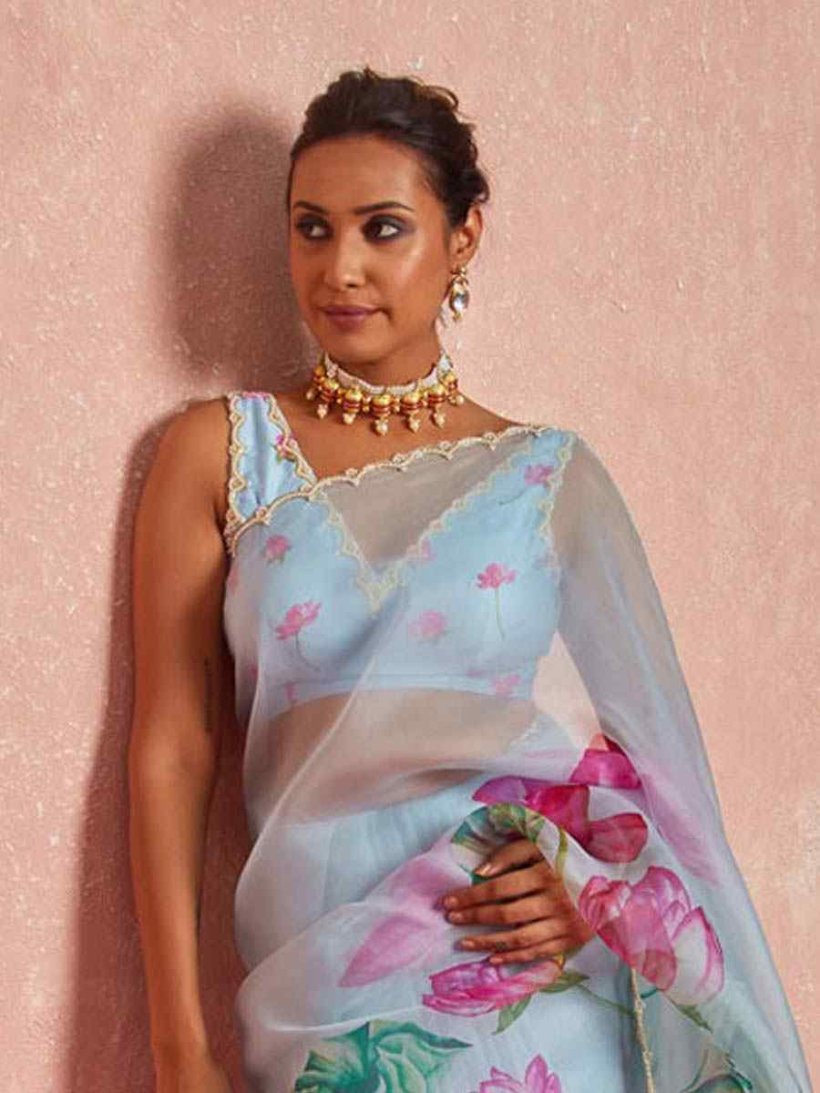 Sky Soft Tebi Silk Embroidered Festival Wedding Fancy Heavy Border Saree