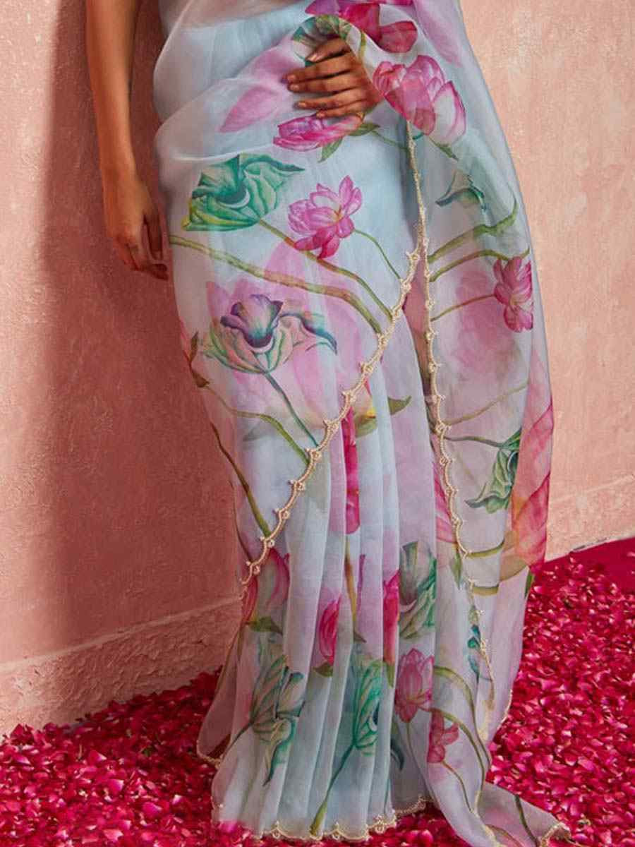 Sky Soft Tebi Silk Embroidered Festival Wedding Fancy Heavy Border Saree