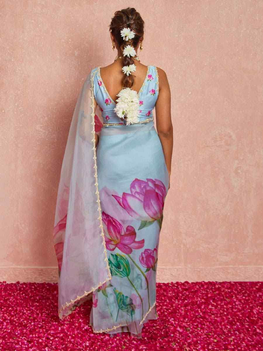 Sky Soft Tebi Silk Embroidered Festival Wedding Fancy Heavy Border Saree