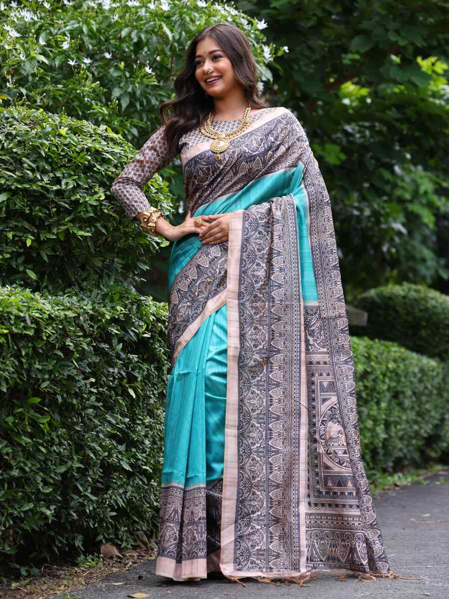 Sky Tussar silk Printed Festival Casual Classic Style Saree