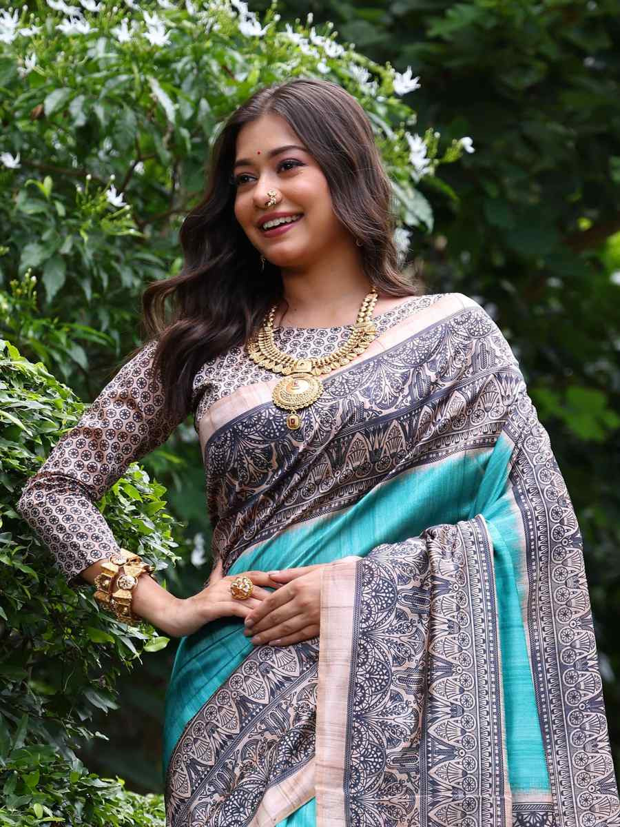 Sky Tussar silk Printed Festival Casual Classic Style Saree
