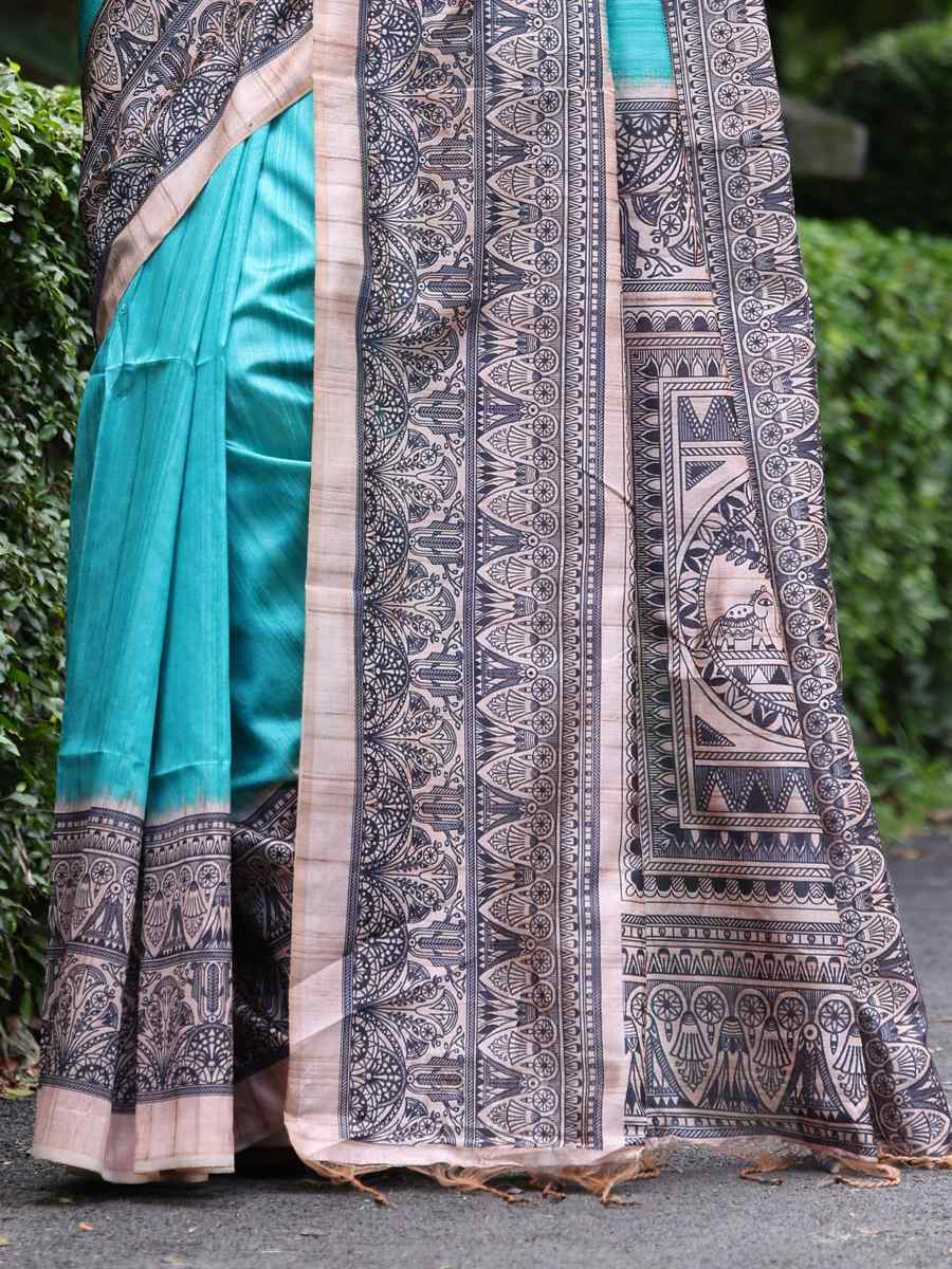 Sky Tussar silk Printed Festival Casual Classic Style Saree