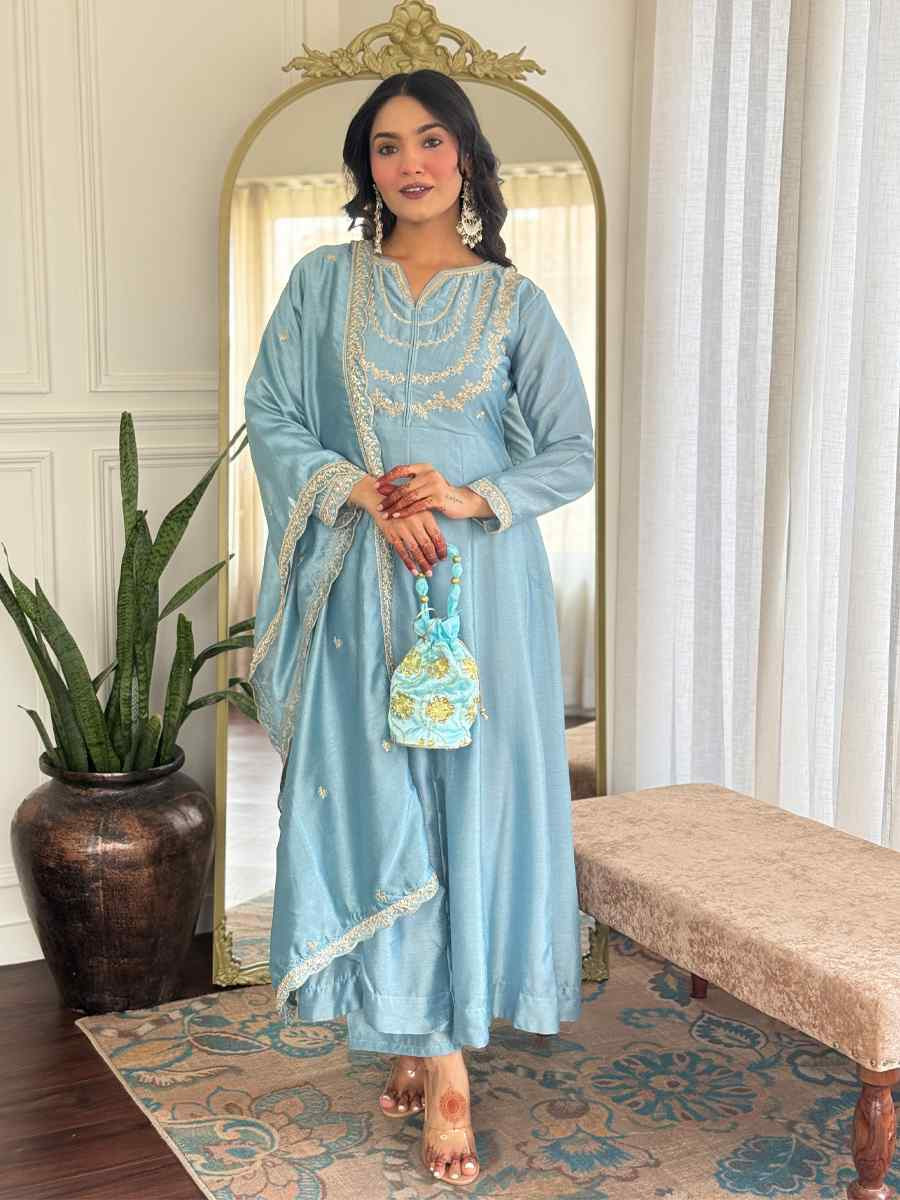 Sky Vichitra Silk Embroidered Festival Mehendi Ready Pant Salwar Kameez