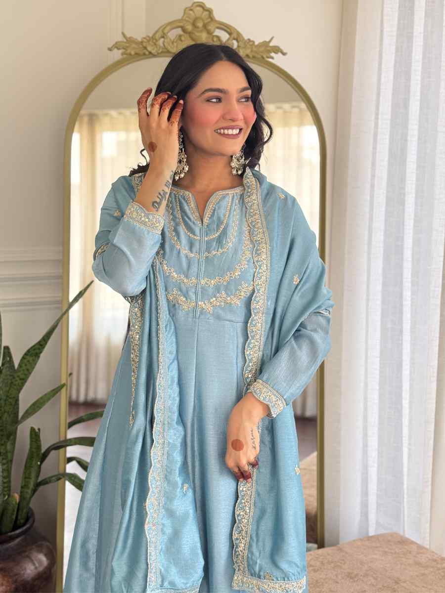 Sky Vichitra Silk Embroidered Festival Mehendi Ready Pant Salwar Kameez