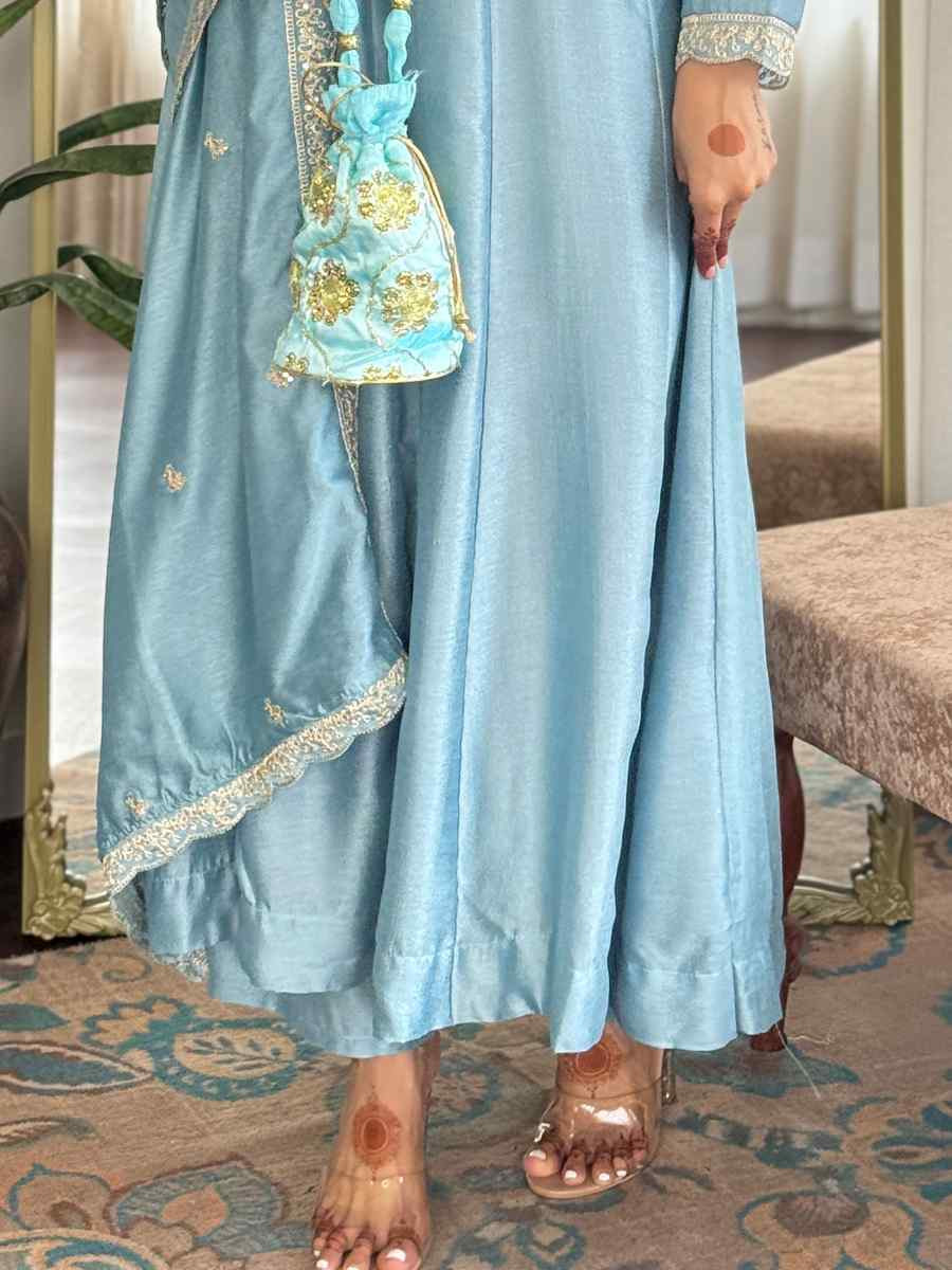 Sky Vichitra Silk Embroidered Festival Mehendi Ready Pant Salwar Kameez