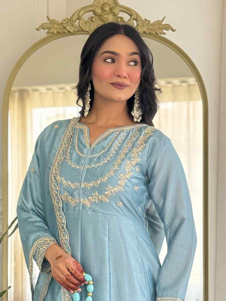 Sky Vichitra Silk Embroidered Festival Mehendi Ready Pant Salwar Kameez