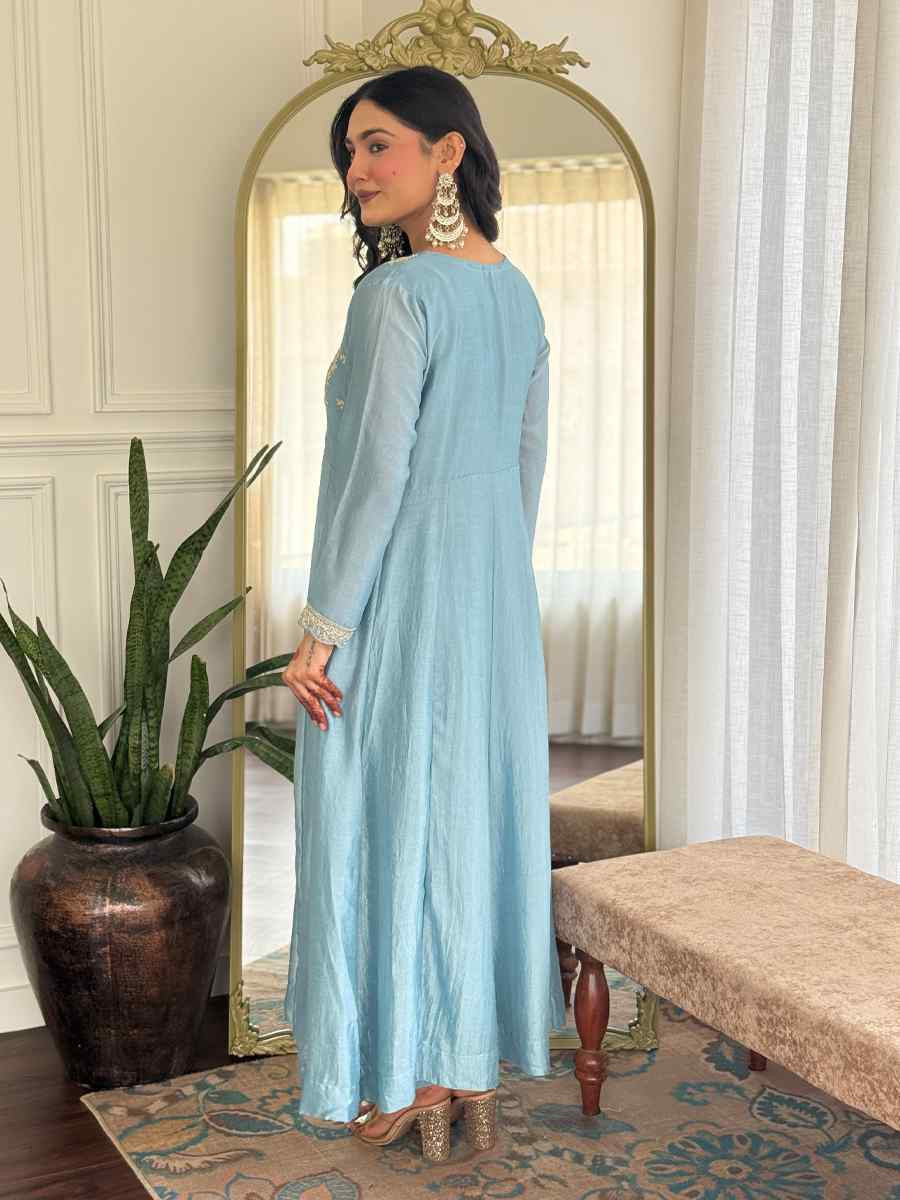 Sky Vichitra Silk Embroidered Festival Mehendi Ready Pant Salwar Kameez