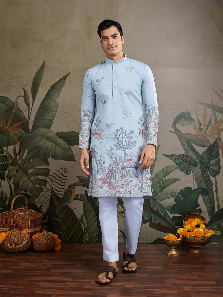 Sky Viscose Embroidered Festival Mehendi Kurta