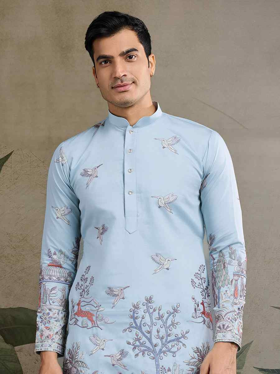 Sky Viscose Embroidered Festival Mehendi Kurta