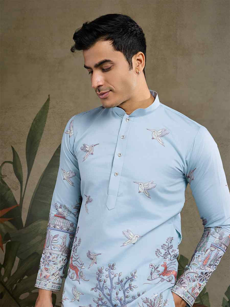 Sky Viscose Embroidered Festival Mehendi Kurta
