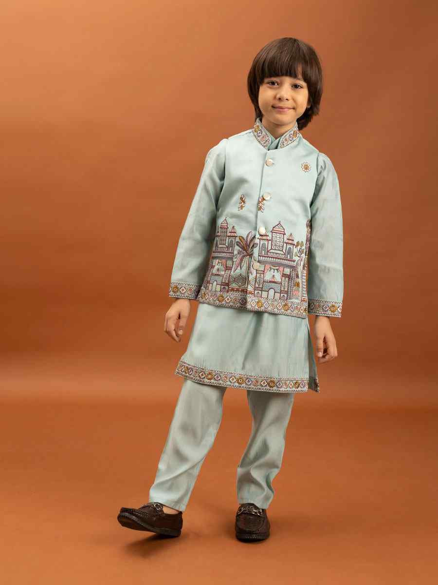 Sky Viscose Silk Embroidery Festival Traditional Kurta Pyjama Boys Wear