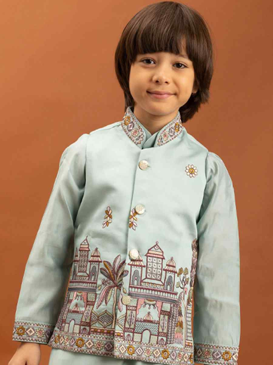 Sky Viscose Silk Embroidery Festival Traditional Kurta Pyjama Boys Wear