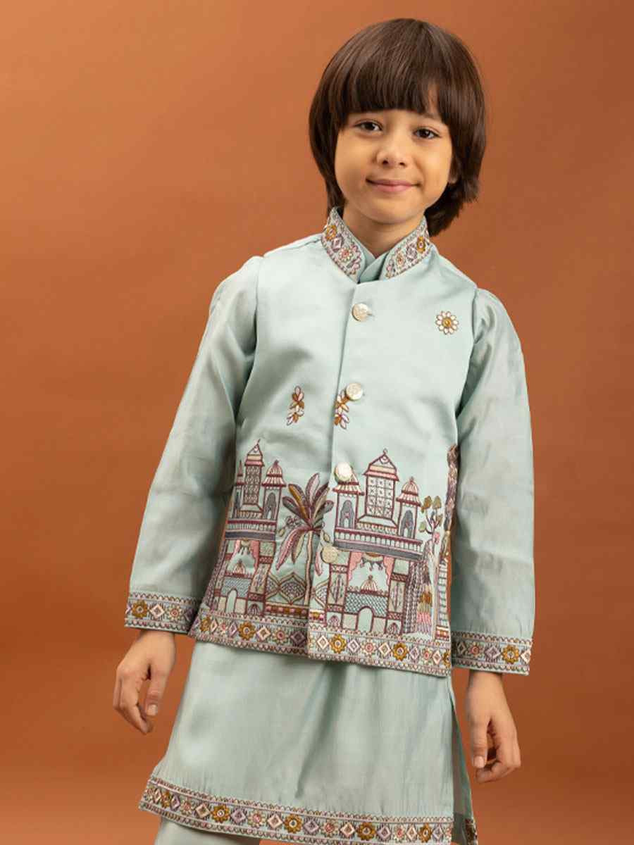 Sky Viscose Silk Embroidery Festival Traditional Kurta Pyjama Boys Wear
