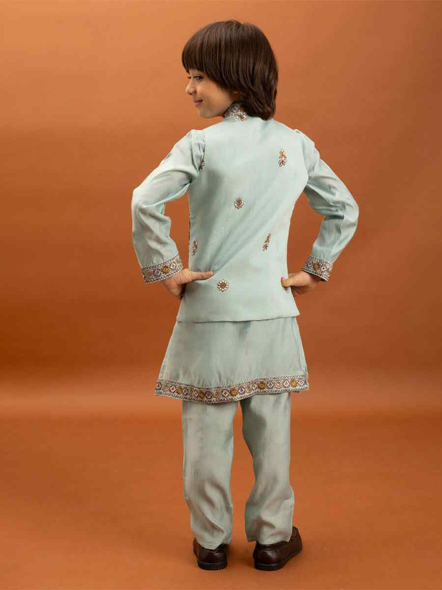 Sky Viscose Silk Embroidery Festival Traditional Kurta Pyjama Boys Wear