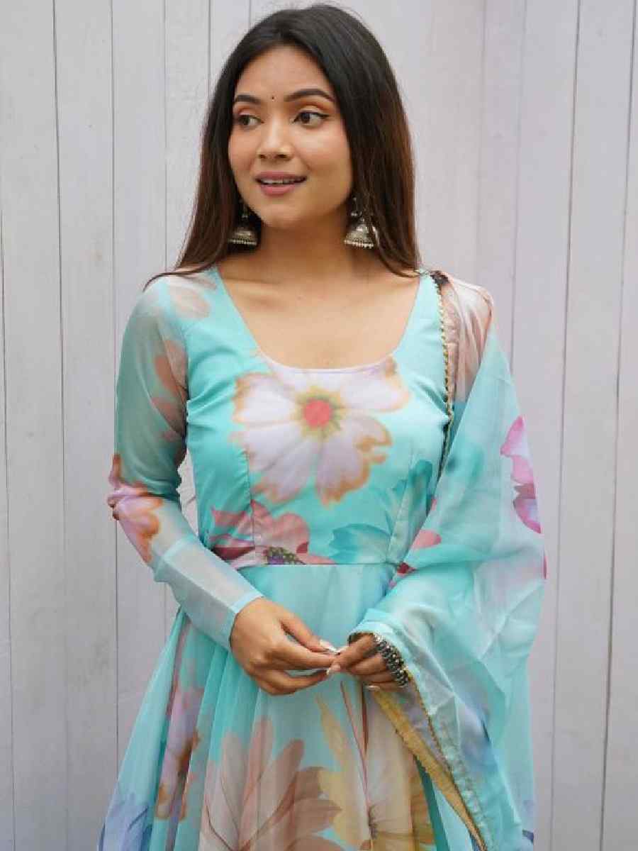 Sky Viscose Tabby Silk Printed Festival Casual Gown