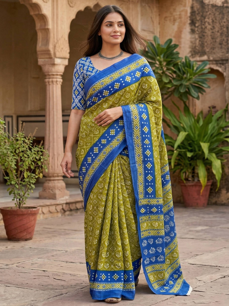 Skyblue Soft Pure Cotton Printed Party Festival Casual Classic Style Sarees