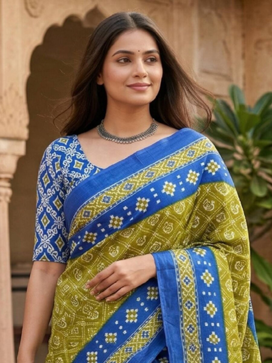 Skyblue Soft Pure Cotton Printed Party Festival Casual Classic Style Sarees