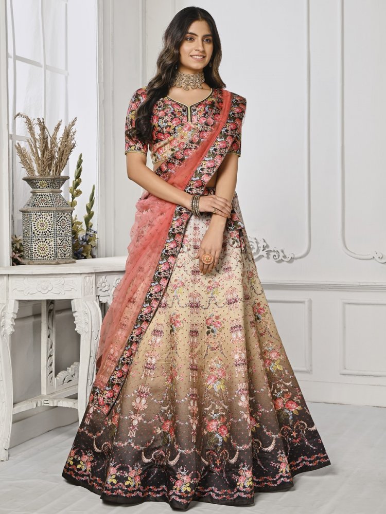 Multi Pure Satin Silk Embroidered Mehendi Festival Circular Lehenga Choli