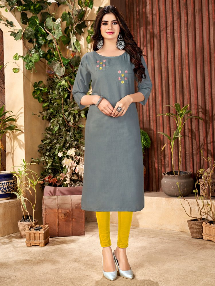 Slate Gray Handloom Slub Cotton Embroidered Party Kurti