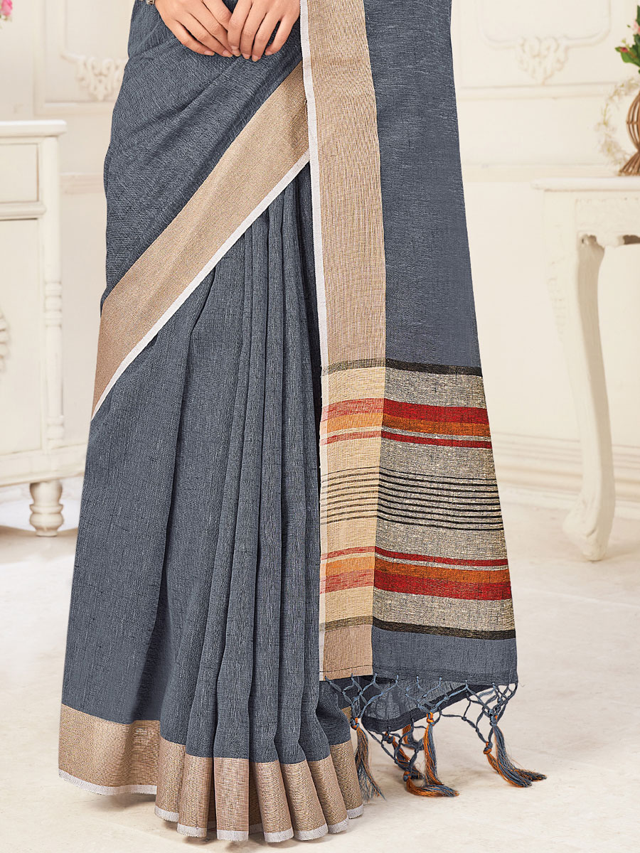 Slate Gray Linen Plain Festival Saree